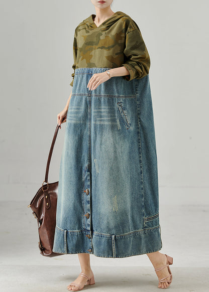 Original Design Hooded Patchwork Denim Maxi Dress Spring