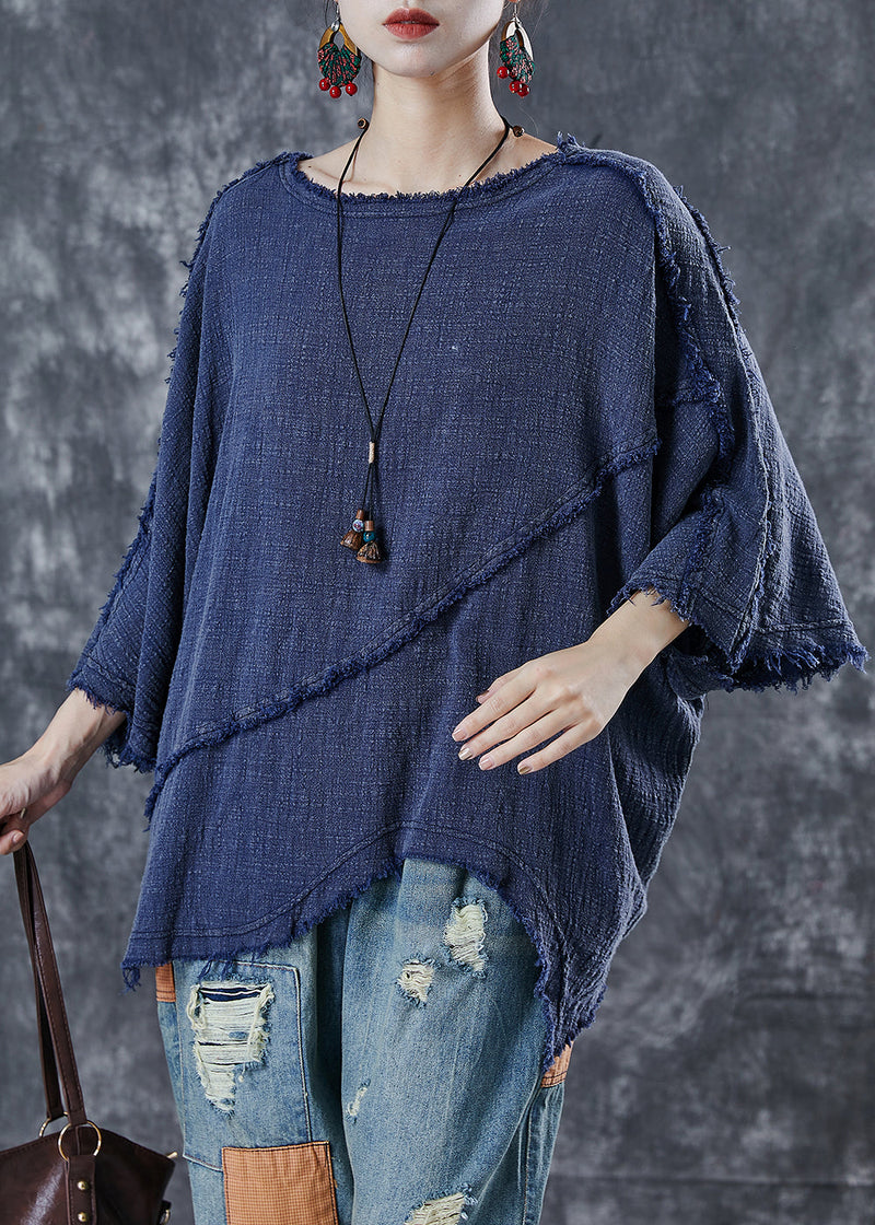 Navy Oversized Patchwork Cotton Blouse Top Spring
