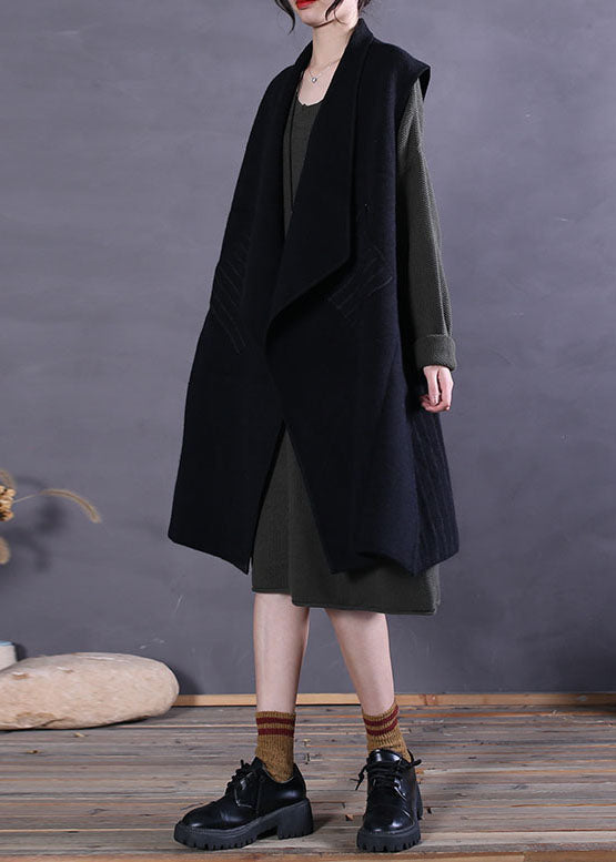 Black Peter Pan Collar Patchwork Woolen Tanks Sleeveless