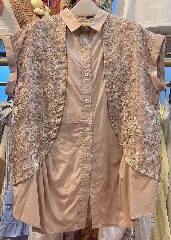 Khaki Peter Pan Collar Print Patchwork Cotton Shirt Top Summer