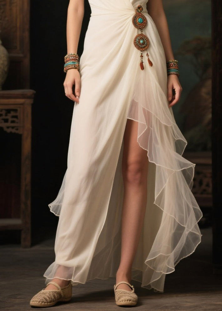 White Asymmetrical Side Open Tulle Vacation Dresses Summer