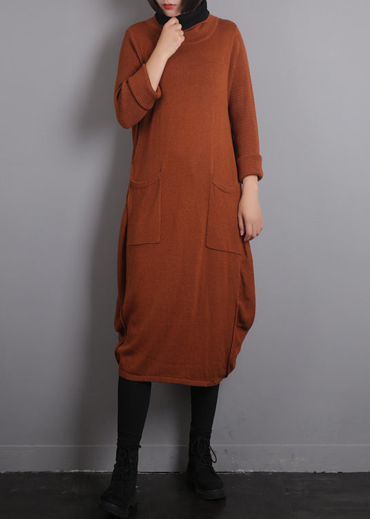 Orange O-neck Knit Cotton Thread Sweater Dress Fall