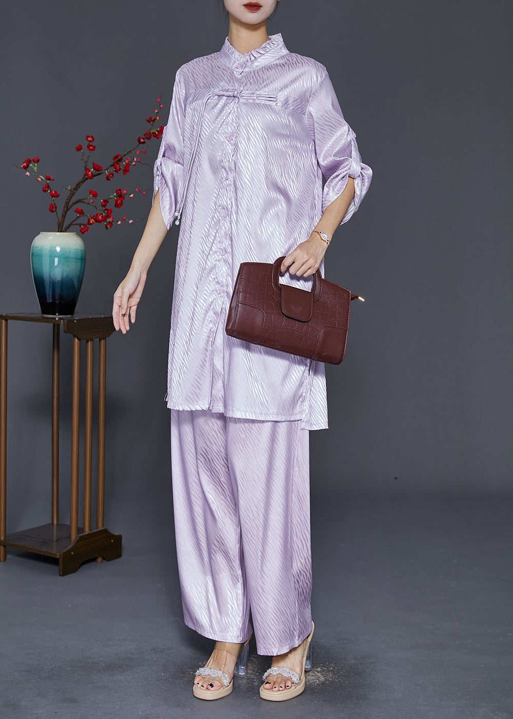 Light Purple Ruffled Tasseled Silk Two Pieces Set Fall