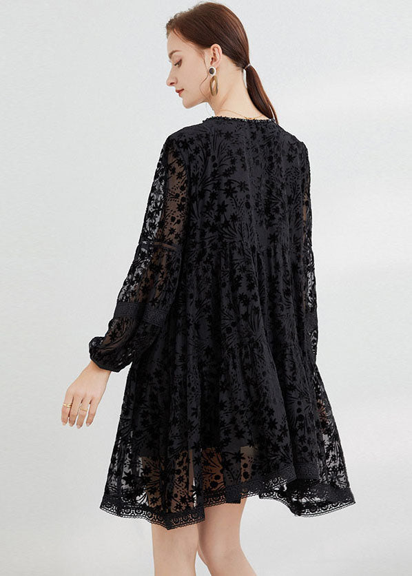 Black Silk Velour Dresses O-neck Hollow Out Long Sleeve