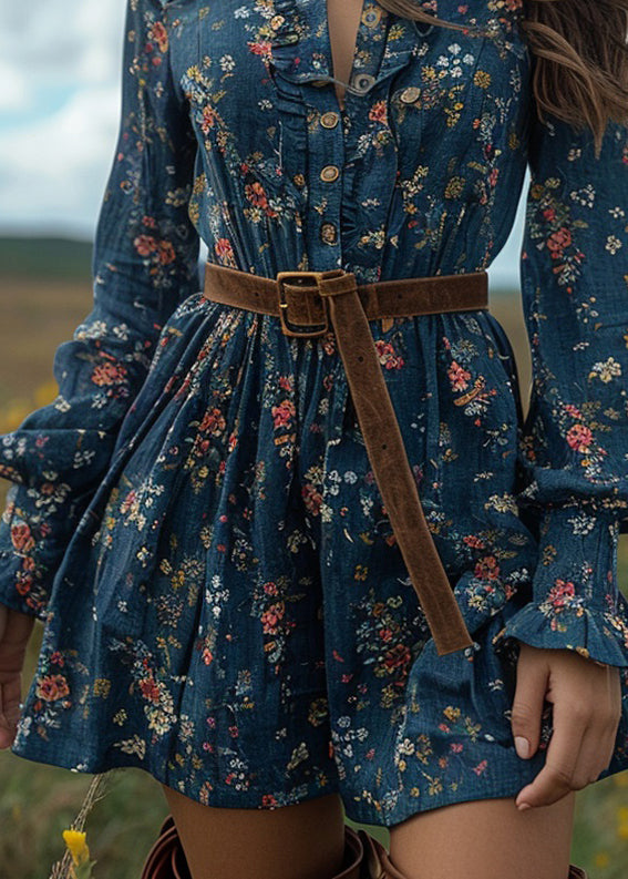 Blue Ruffled Print Cotton Short Dresses Long Sleeve