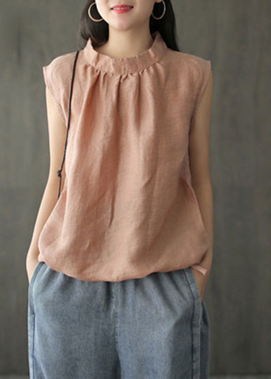 Brief White Stand Collar Linen Top Sleeveless