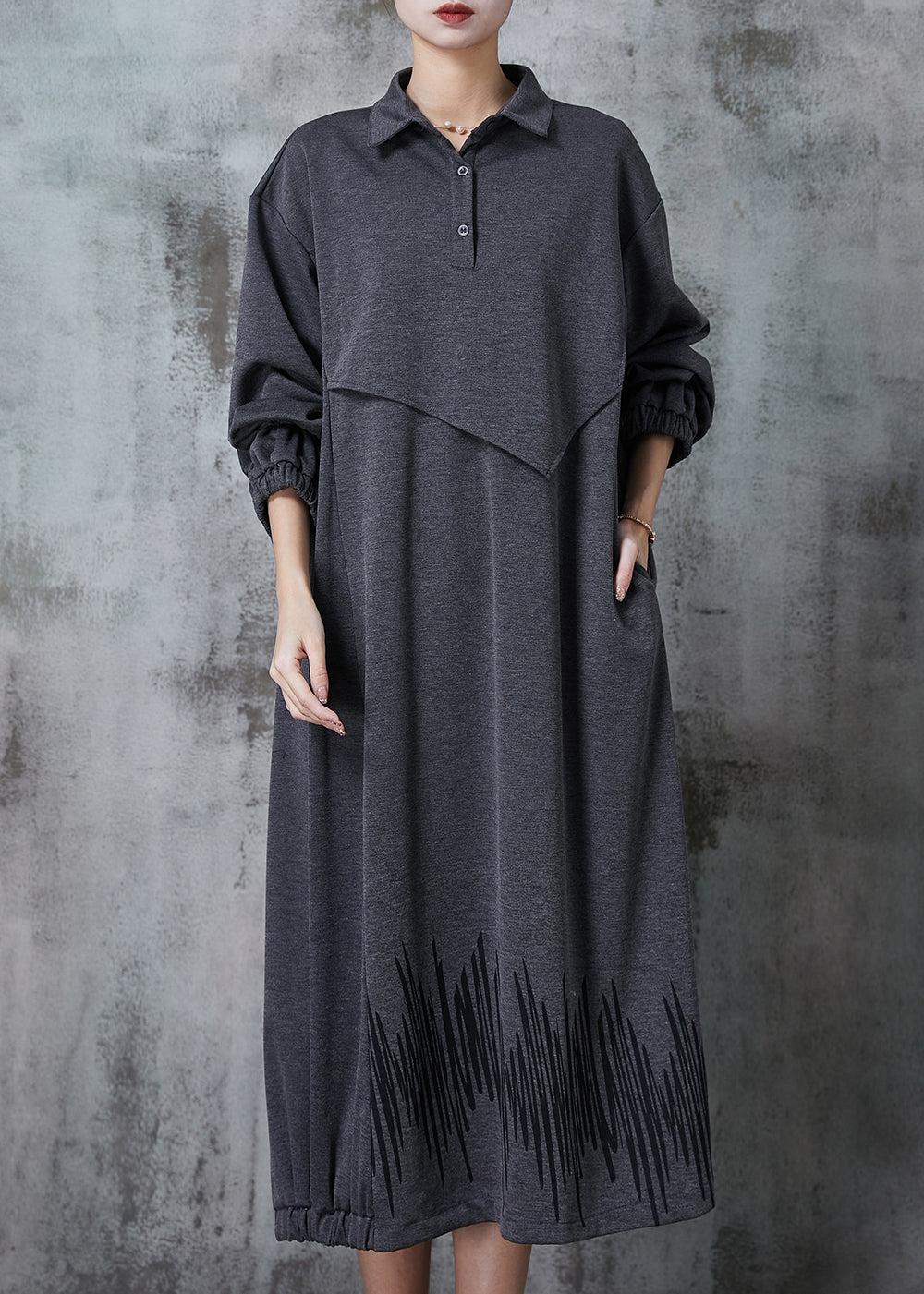 Grey Peter Pan Collar Patchwork Cotton Maxi Dresses Spring