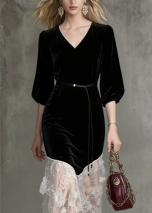 Stylish Black O Neck Embroidered Patchwork Velvet Dress Spring