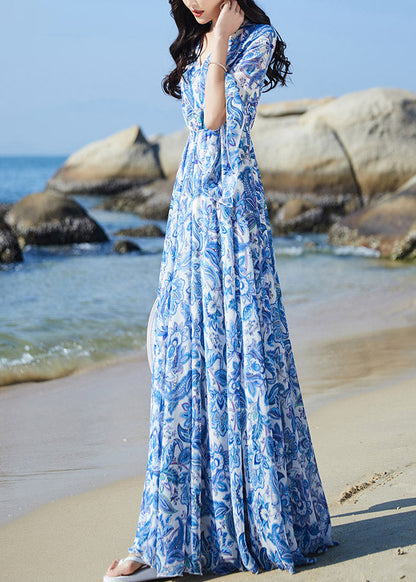 Blue V Neck Print Elastic Waist Chiffon Vacation Maxi Dresses Flare Sleeve