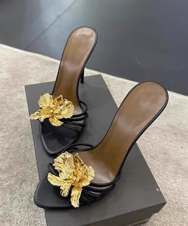 Black Stiletto Faux Leather Splicing Slide Sandals
