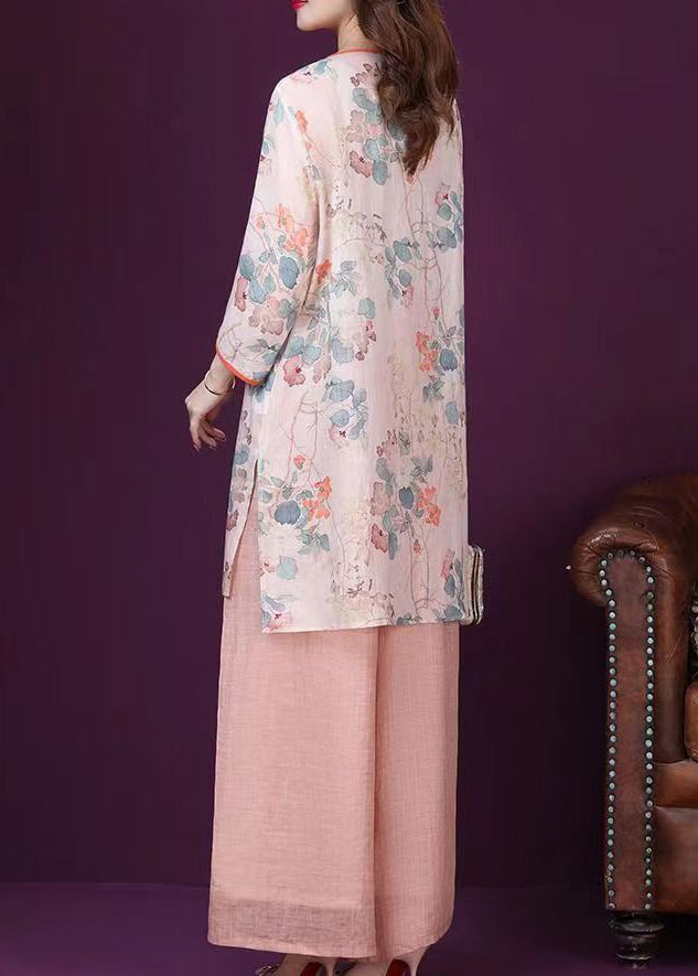 Loose Pink O Neck Print Tops and Pants Cotton Two Pieces Set Summer
