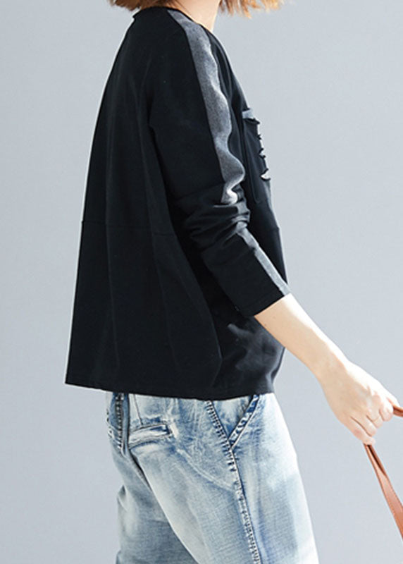 Stylish Black O-neck Patchwork Ripped Cotton Sweatshirts Tops Spring