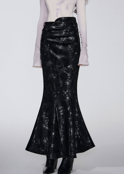 Slim Fit Black Print High Waist Faux Leather Fishtail Skirts Fall
