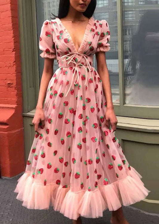 Pink V Neck Ruffled Lace Up Tulle Maxi Dresses Summer