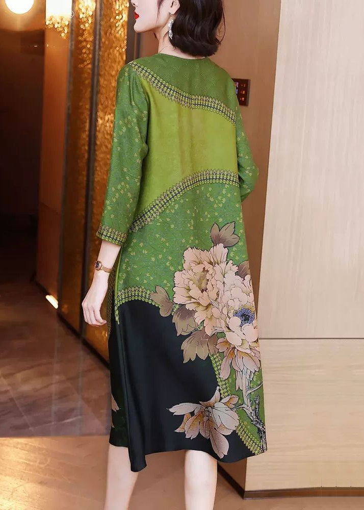 Green O Neck Print Patchwork Silk Long Dresses Spring