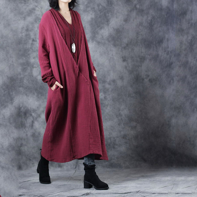 Black V Neck Patchwork Pockets Fall Dresses Long Sleeve