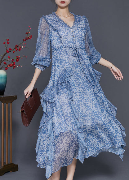Blue Ruffled Patchwork Print Chiffon Cinched Dress Spring