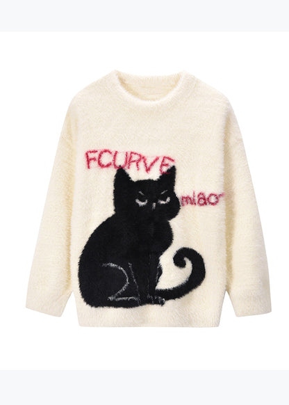 Apricot Cat Mink Hair Knitted Pullover O Neck Spring