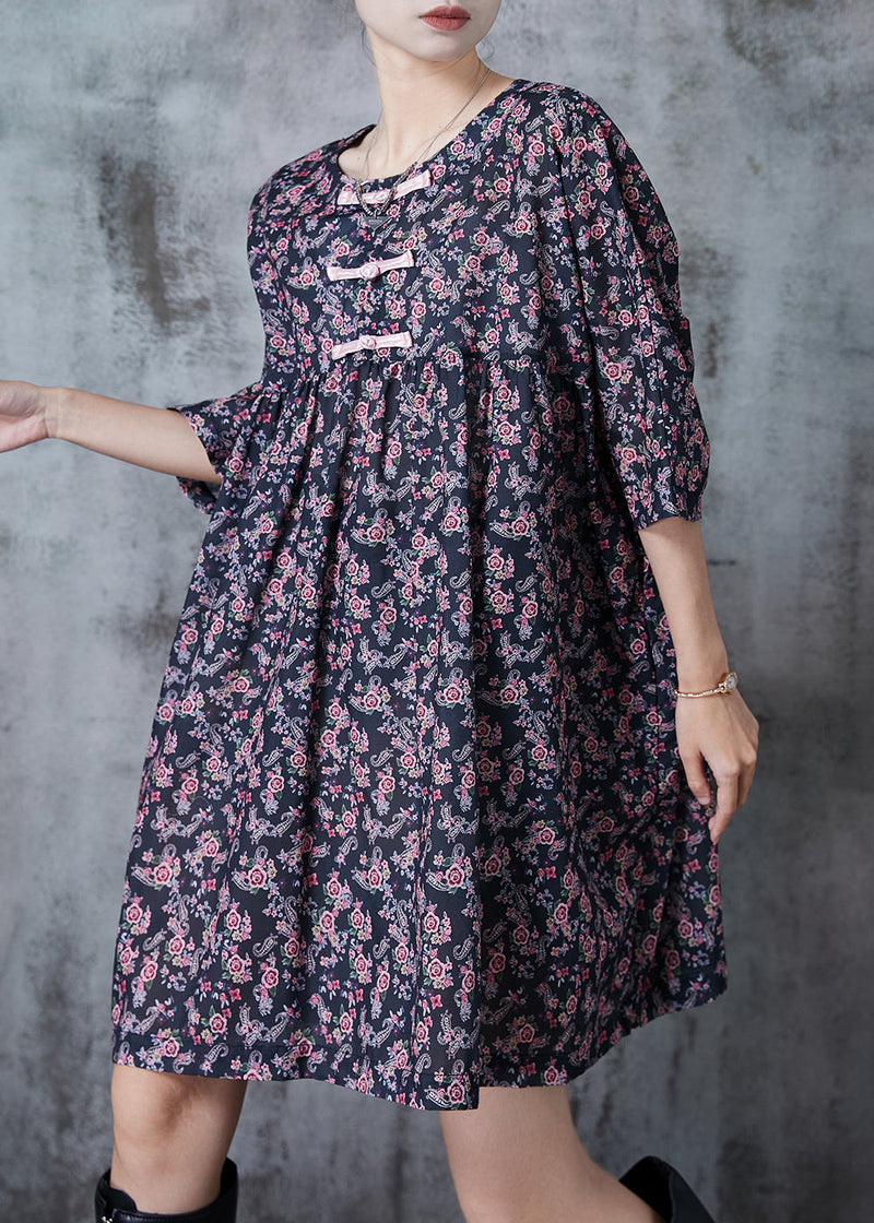 Fine Black Oversized Print Cotton Mid Dress Summer