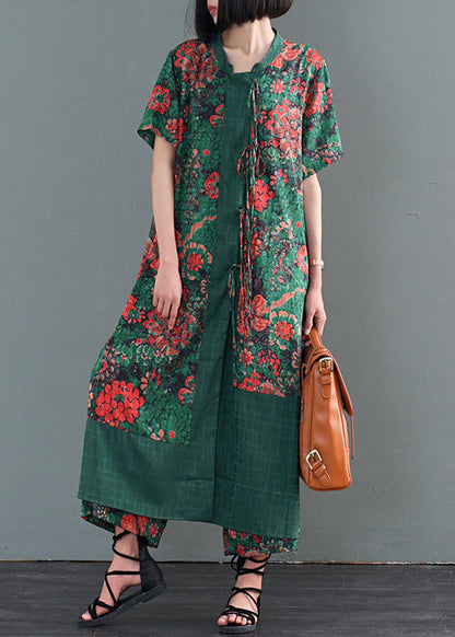 Blue Print Patchwork Lace Up Silk Two Pieces Set Fall