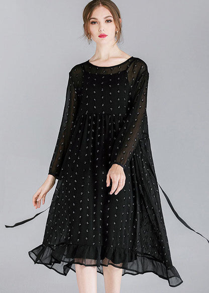 French Black O-neck Patchwork Ruffled Chiffon Dress Two Pieces Set Spring