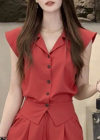 French Red Peter Pan Collar Button Cotton Two-piece Set Summer