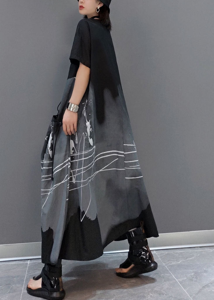Italian Black Asymmetrical Drawstring Print Patchwork Ankle Dress Spring