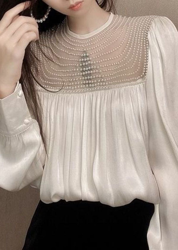 Handmade White O-neck Wrinkled Nail Bead Patchwork Shirt Tops Long Sleeve