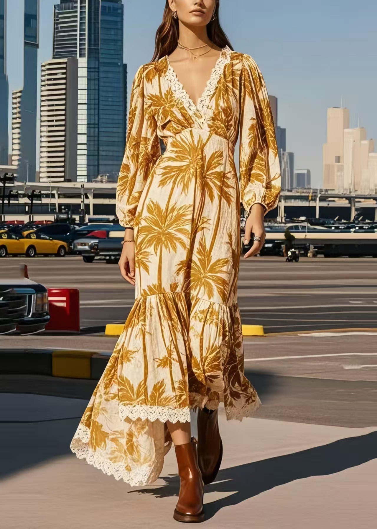 Khaki Print Patchwork Lace Vacation Dresses Spring