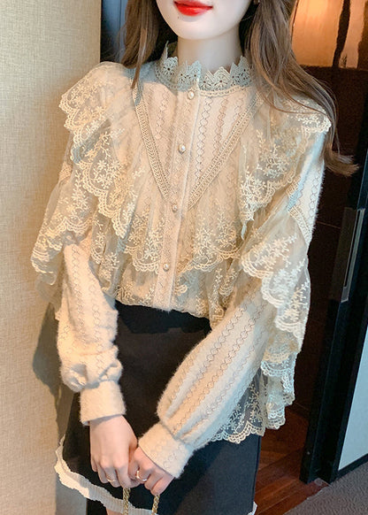 Khaki Stand Collar Patchwork Lace Shirts Fall