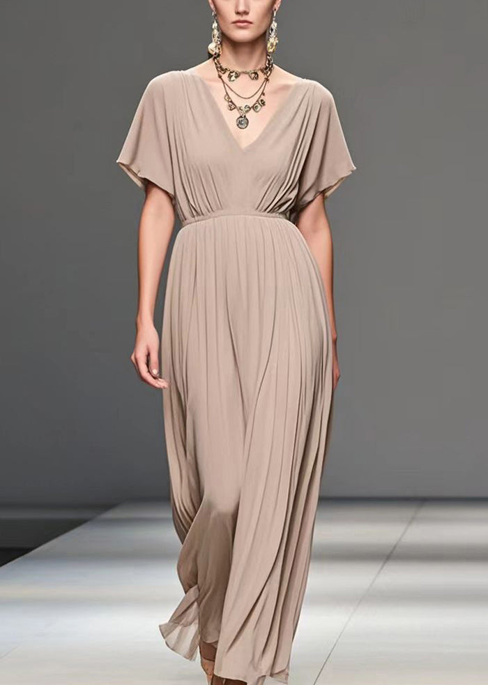 Apricot V Neck Wrinkled Chiffon Long Dress Summer