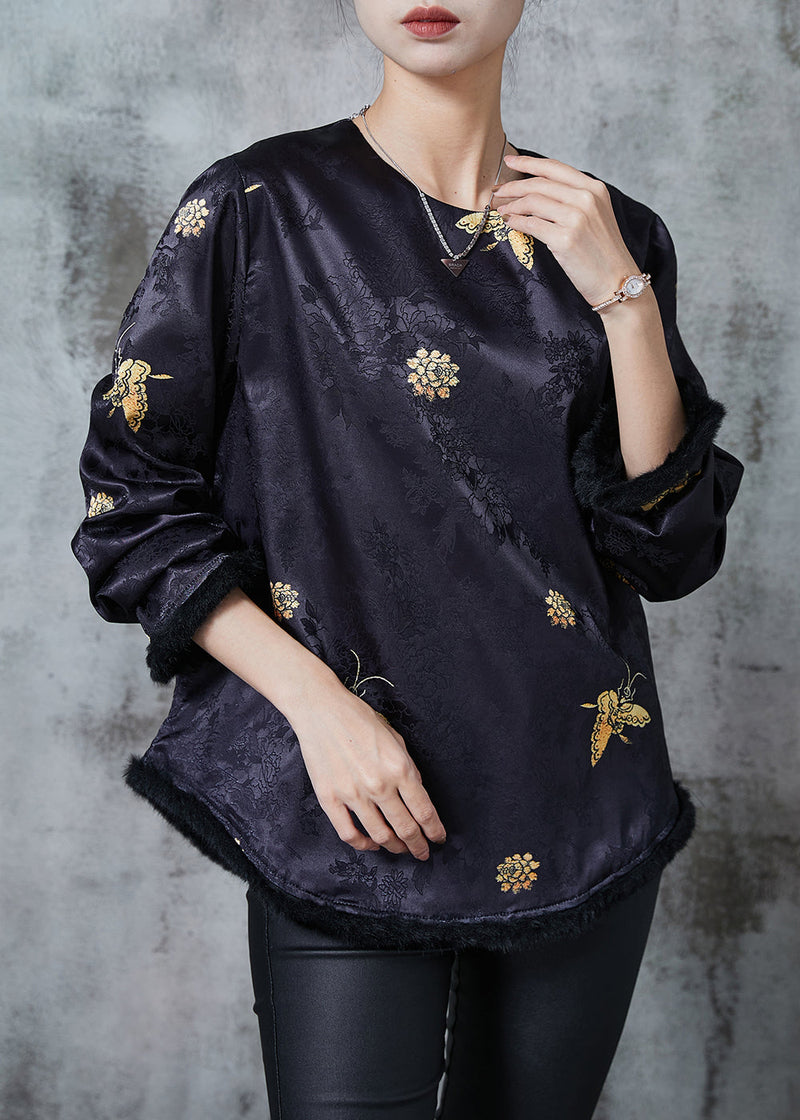 Black Jacquard Butterfly Silk Shirts Spring