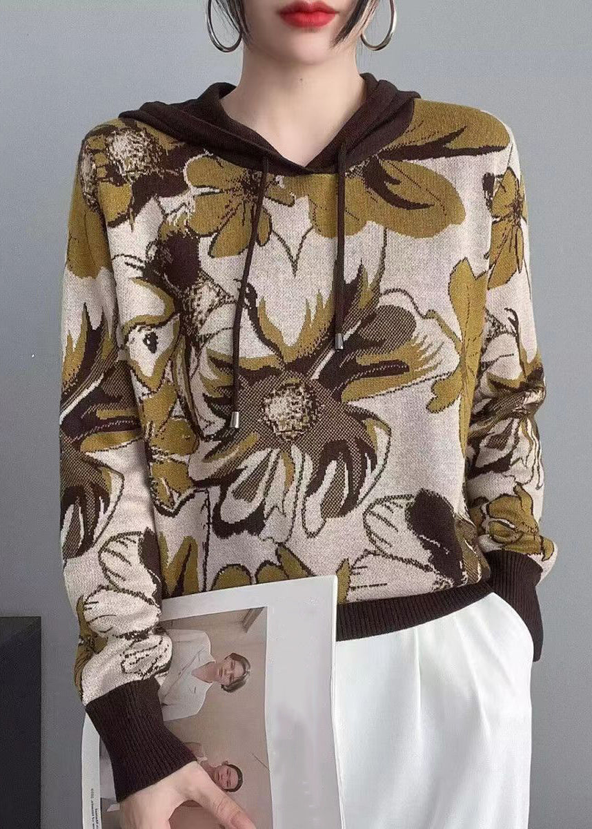 Orange Hooded Patchwork Cozy Knit Sweaters Long Sleeve