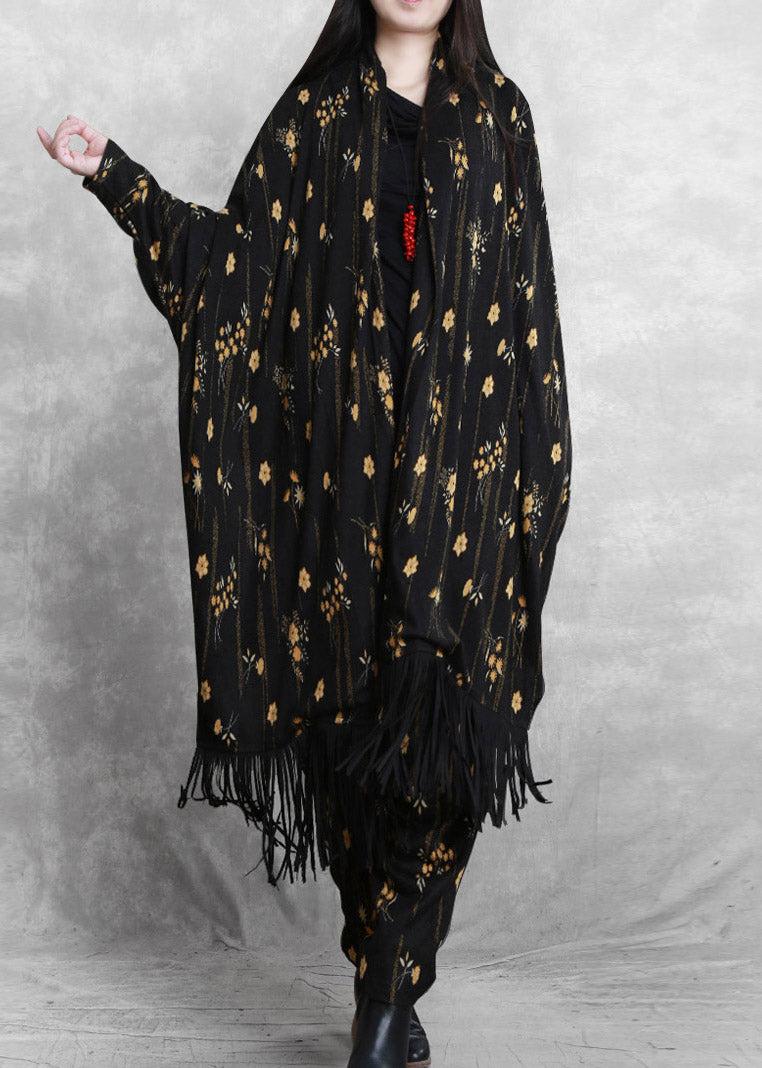 Black Print Mink Velvet Coat and Wide Leg Pants Two Pieces Set Fall