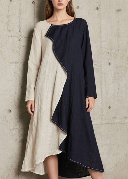 Navy Asymmetrical Patchwork Cotton a Line Dress Spring