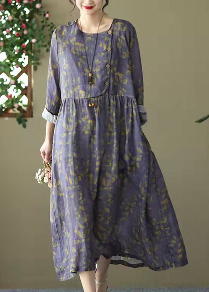 Purple O-neck Cinched Button Print Linen Dress Long Sleeve