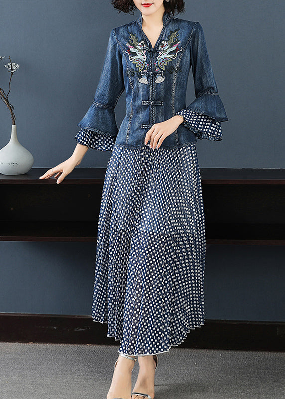 Art Blue Stand Collar Embroideried Denim Coats Flare Sleeve and Dot Print Chiffon Skirts Two Piece Set Clothing