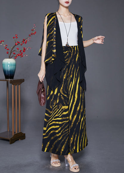 Yellow Striped Cotton Vest and Pants Two-piece Set Asymmetrical Design Fall