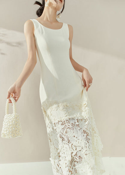 White O-neck Lace Patchwork Maxi Spaghetti Strap Dresses Sleeveless