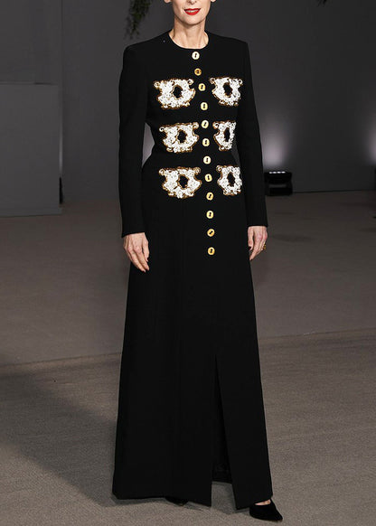 Original Design Black O-neck Sequins Button Long Coat Autumn