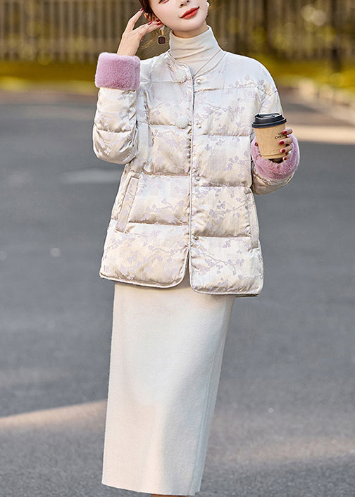 Beige Jacquard Fur Patchwork Duck Down Down Coat Winter