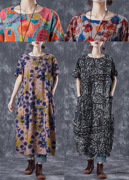 Coffee O-neck Print Linen Long Dress Summer