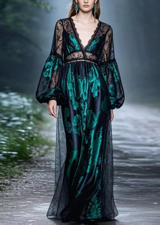 Black Lace Patchwork Silk Long Dresses Spring