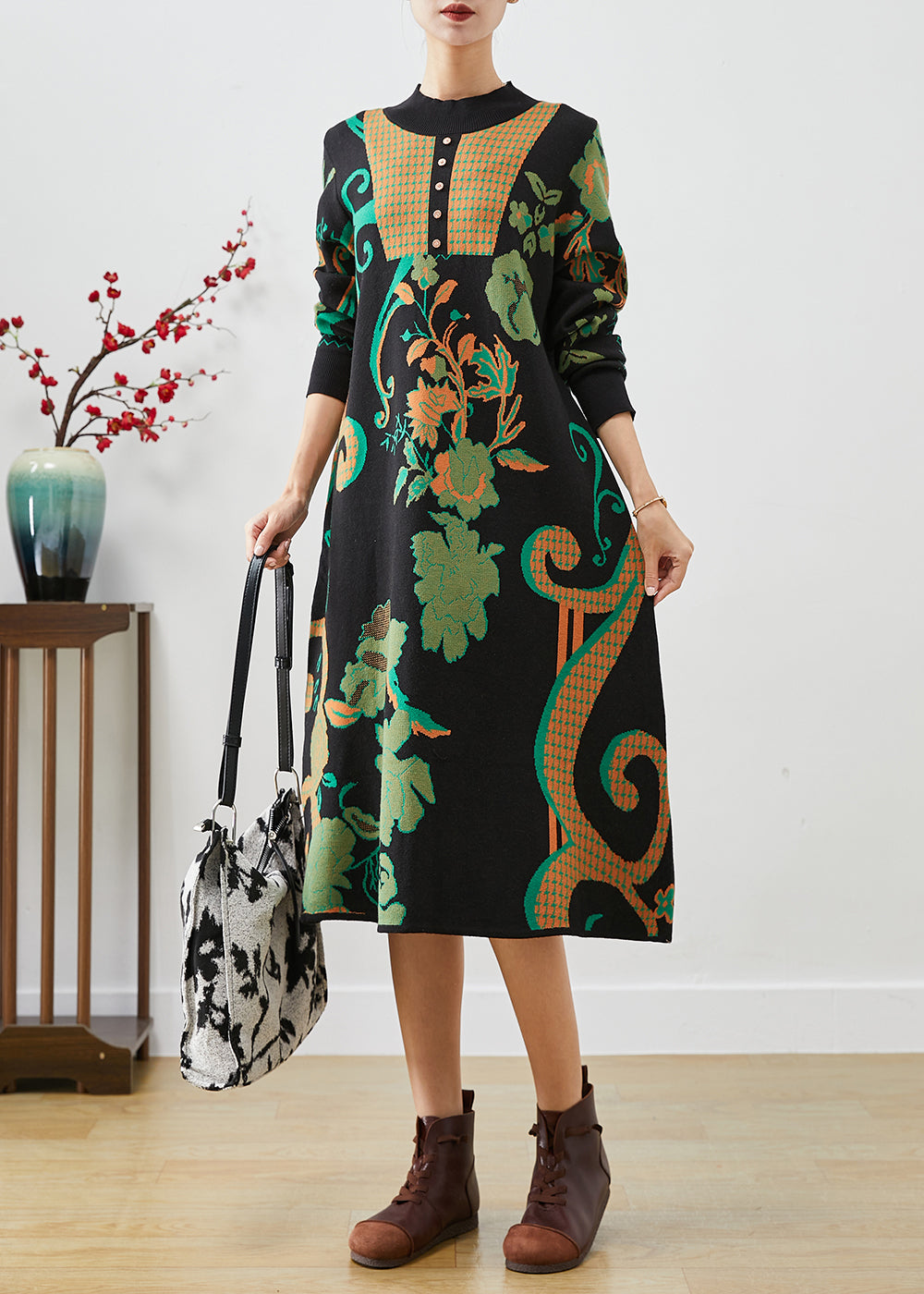 Fine Black Print Slim Fit Cotton a Line Dress Fall