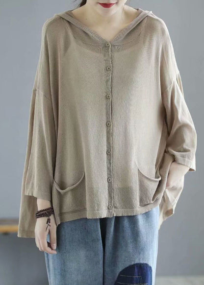 Modern Khaki Hooded Low High Design Pockets Linen Knit Upf 50+ Coat Summer
