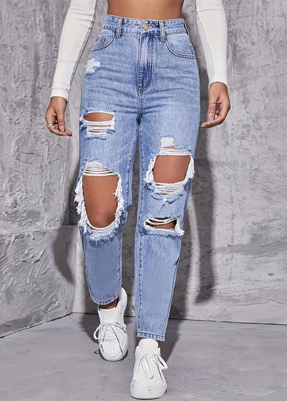 Blue Hole Pockets High Waist Denim Crop Pants Summer