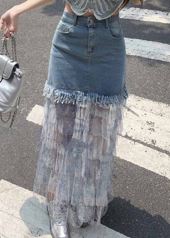 Blue Denim Patchwork Tulle Maxi Cake Skirts Summer