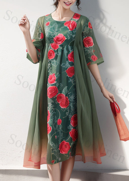 Style Green O-neck Print Patchwork Silk Dress Half Sleeve