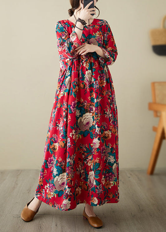 Red O-neck Print Patchwork Long Dress Long Sleeve