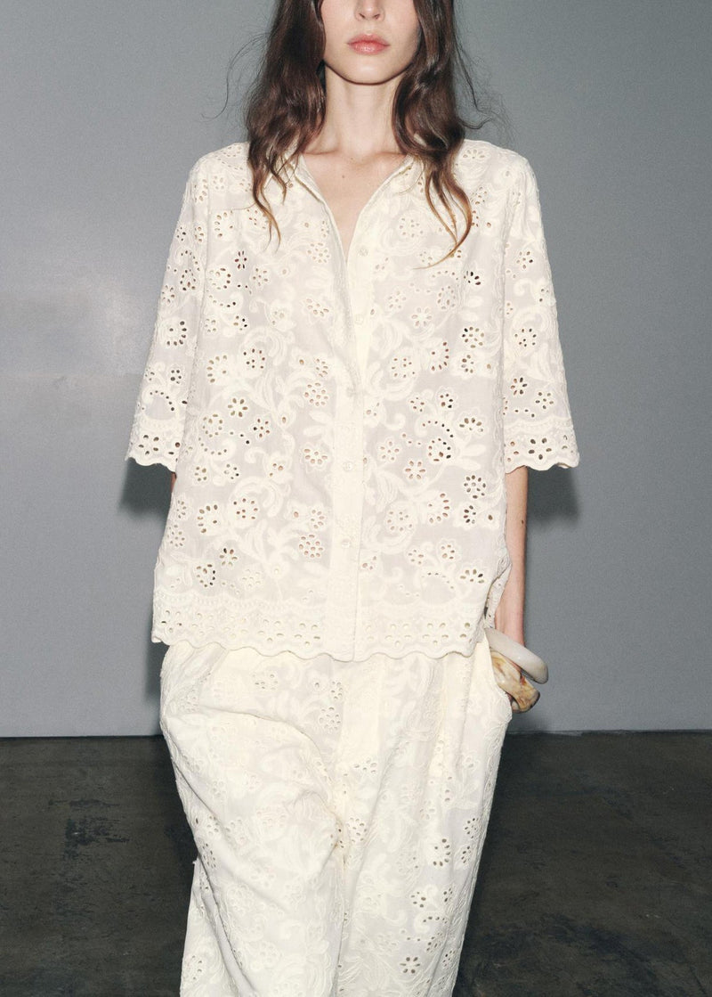 Loose White Embroidered Hollow Out Cotton Two-piece Set Half Sleeve